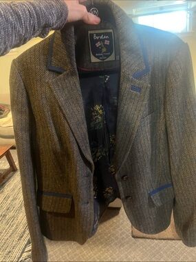 Boden Herringbone Blazer in Brown with Blue Trim